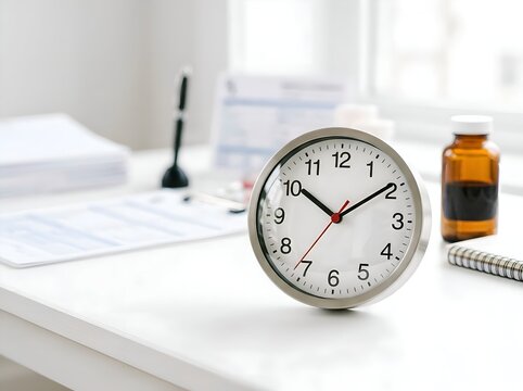 White Desktop Clock on Medical Office Desk with Pen Holder and Papers