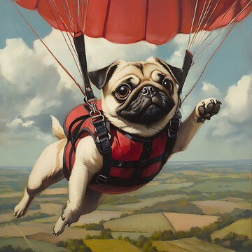 A happy pug dog soaring through the air with a red parachute harness above a scenic countryside landscape for whimsical adventure