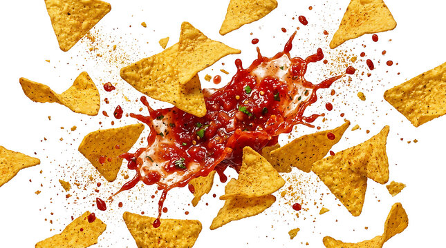 Crispy corn tortilla chips flying in the air with a splash of chunky red tomato salsa isolated on a bright white background