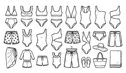 Hand Drawn Swimwear Vector Collection with Bikinis Swimming Trunks and Beach Fashion Styles © MdShojib