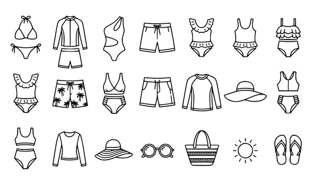 Minimal Swimwear Line Art Icons with Bikinis Swim Trunks and Summer Beach Clothing