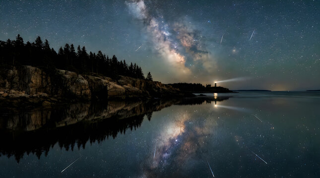 Meteor shower reflected in calm lake water near lighthouse at midnight