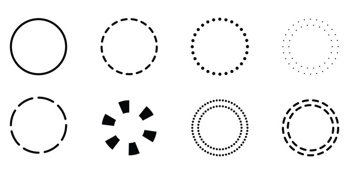 Collection of diverse black outline circular graphics featuring solid dashed and dotted styles for UI web design