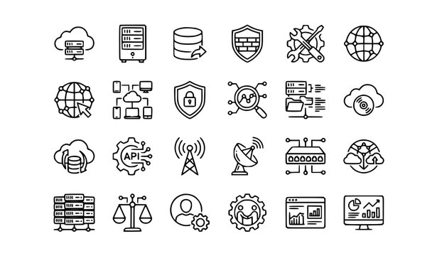 Cloud computing illustration set with digital server infrastructure and futuristic technology elements