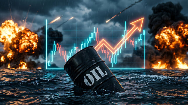 Black oil barrel in stormy sea with rising financial chart and fiery explosions representing global energy market crisis