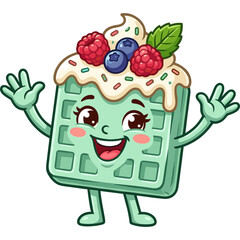 Fototapeta premium A happy green waffle character with berries and icing on top waves enthusiastically.