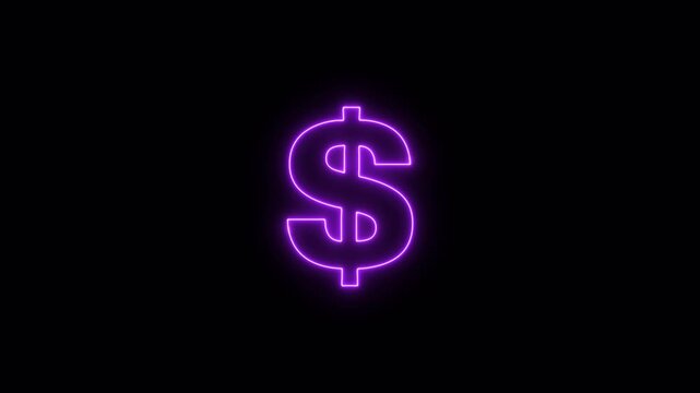 Dollar icon animation, glowing neon dollar sign, financial and wealth concept symbol on black background. Neon dollar icon.	
