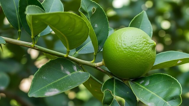 Fresh green lime on tree branch.