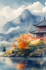 Naklejka premium A serene pagoda situated in the middle of a peaceful lake, surrounded by lush greenery. vertical frame