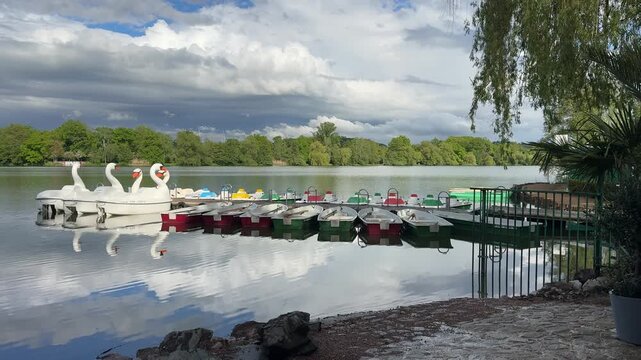 boats on the zwickau swan pond lake with palm tree On the shore, and a beautiful landscape of clouds.