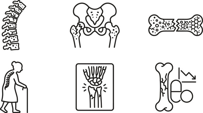 Osteoporosis and bone fracture line icons