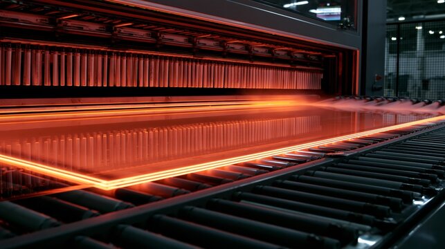 A flat glass sheet moving through a tempering furnace glowing orange on ceramic rollers before the air quench zone.