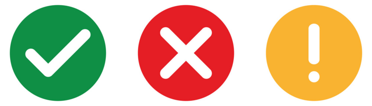 Green check mark red cross and yellow exclamation point round icons representing approval error and warning concepts for user interfaces