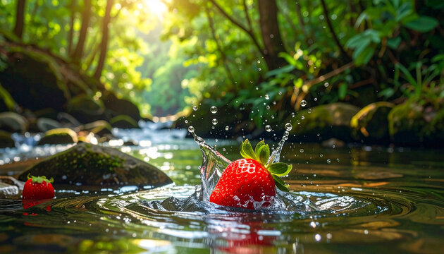 Strawberry Splashing Into Forest River
