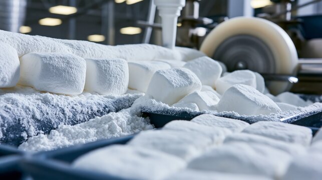 A white marshmallow rope extruding from a nozzle being cut into pillowy cylinders coated in cornstarch on a production conveyor.