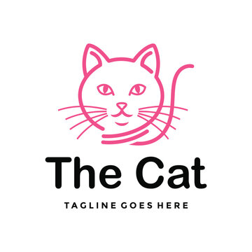 Simple elegant pink line art cat face for pet shop veterinary grooming cat cafe animal Logo Design