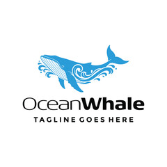 Naklejka premium blue whale silhouette with swirling ocean waves for marine life conservation sea exploration travel tourism eco friendly Logo Design