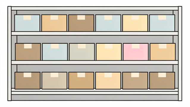 Colorful storage boxes on shelves, organized retail display, diverse colors and shapes