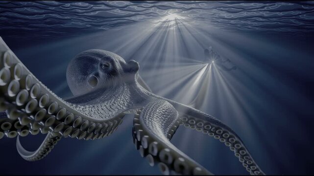 Giant octopus underwater deep blue sea creature with powerful tentacle in mysterious ocean depth dramatic exploration adventure scene with diver flashlight and light beam surreal marine deep sea