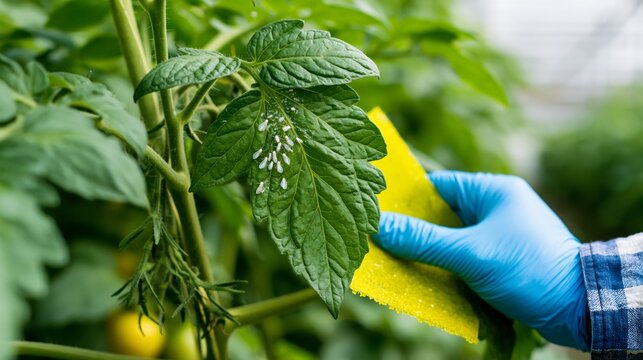 A gloved pest control worker placing a yellow sticky trap beside a tomato leaf infested with visible white winged whiteflies.