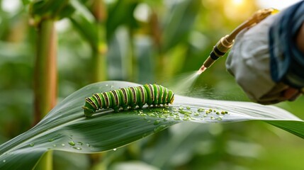 Fototapeta premium A gloved pest control worker's hand spraying biological control at a fat striped armyworm caterpillar on a corn leaf.