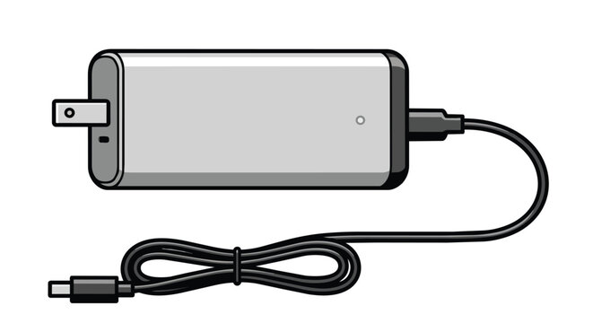 Silver Portable Power Bank with USB Cable and Integrated Wall Plug Illustration