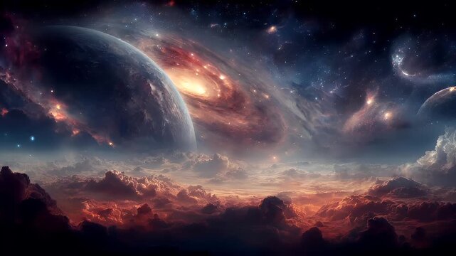 Space universe exploration, fantasy, mysterious. A vivid and detailed digital artwork depicts a cosmic scene. The main subject is a large planet, surrounded by a vast expanse of stars and nebulae.