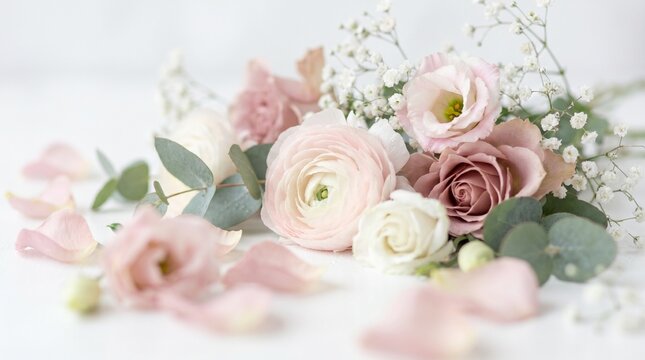 Elegant floral depth composition developed for feminine branding, wedding visuals, luxury beauty campaigns and sophisticated seasonal editorials on White background