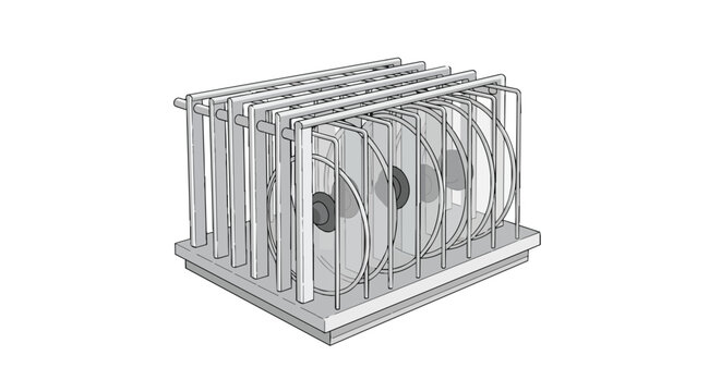 Isometric technical illustration of industrial data storage unit with circular disk platters on white background