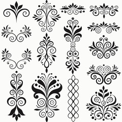 Obraz premium Black floral swirl patterns, ornate designs, vector borders, decorative elements