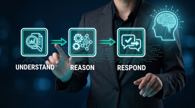 Businessman interacting with cognitive computing interface