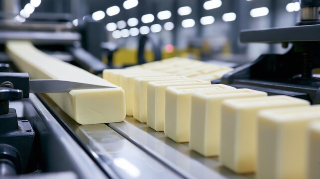 Industrial soap bars being sliced from an extruded log by a wire cutter and conveyed to a stamping press.