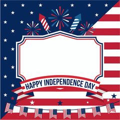 Fototapeta premium Flat vector illustration of Independence Day social media template with stars and stripes theme, USA Independence, 4th July