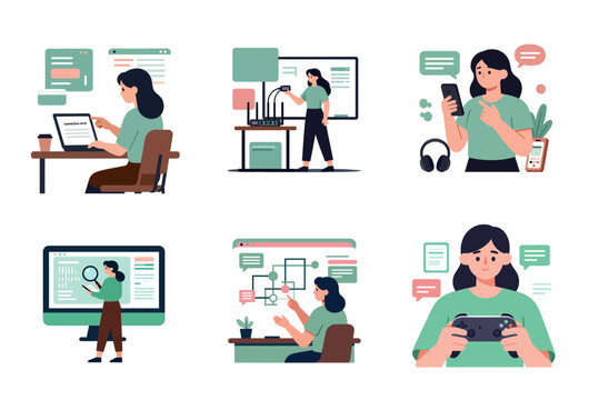Professional Woman Troubleshooting Tech Issues with Laptop and Network Equipment: Simple Flat Vector Illustration for IT Support