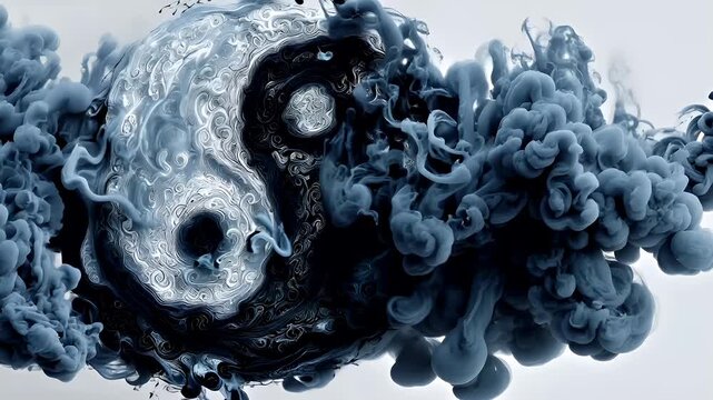 Yin Yang, Chinese philosophy, harmony, balance, Taoism. A digital artwork depicts a swirling vortex of black and white smoke. The smoke is intricately designed with swirling patterns and swirls.