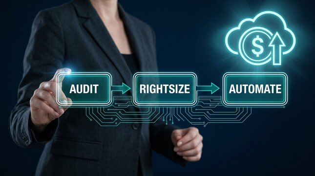 Businesswoman interacting with cloud cost optimization interface