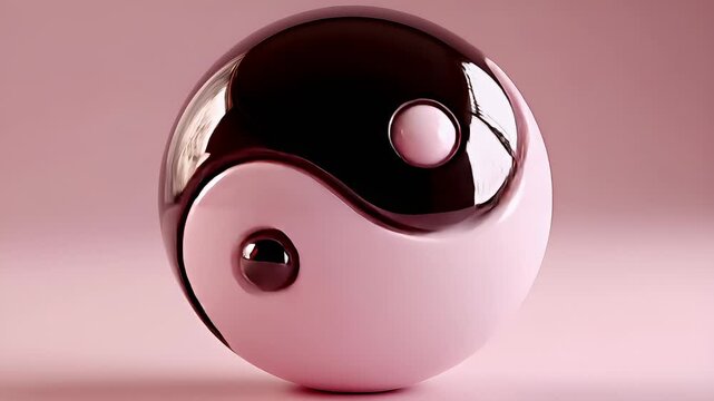 Yin Yang, Chinese philosophy, harmony, balance, Taoism. A 3D rendering of a spherical object, resembling a yinyang symbol, against a soft pink background. The object is predominantly pink and black.