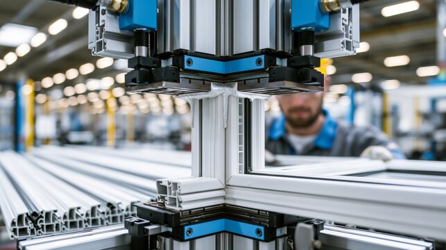 A corner welding machine fusing two white uPVC window frame sections at a ninety degree joint with molten material at the seam.