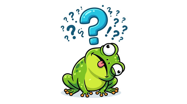 Silly Confused Green Frog with Question Marks Vector Illustration