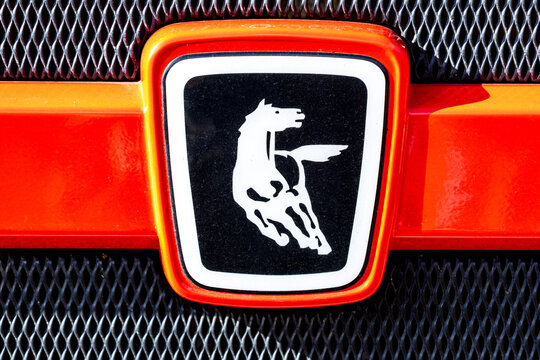 KAMAZ Logo. The front of the cab of the russian truck with the logo of KAMAZ