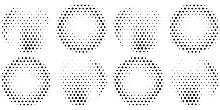 Three black noise grain vector circles illustration. Abstract dot gradient frame design elements with textured stipple effect.