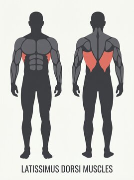 Anatomical illustration of human figures highlighting latissimus dorsi muscles from back and front views