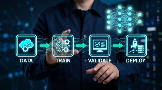 Man interacting with machine learning model lifecycle process flow