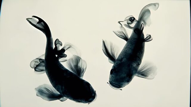 Yin Yang, Chinese philosophy, harmony, balance, Taoism. A black and white photograph depicts two koi fish swimming gracefully. The koi are rendered in a monochromatic style.