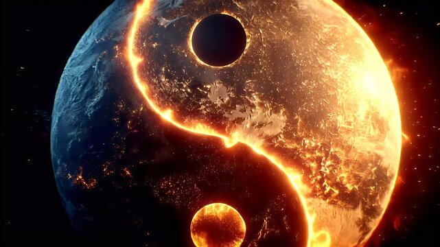 Yin Yang, Chinese philosophy, harmony, balance, Taoism. A vivid depiction of a celestial body, resembling a planet, is depicted as a yinyang symbol.