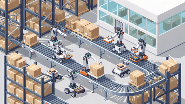 Automated warehouse robots and conveyors moving boxes in a modern logistics facility