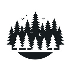 Obraz premium Circular Forest Silhouette with Pine Trees Birds and Crescent Moon Minimalist Nature Emblem Icon