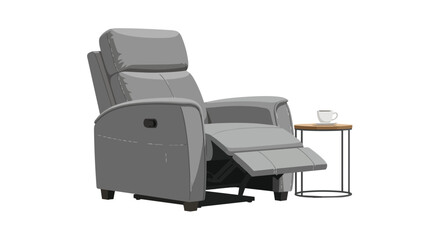 Fototapeta premium Modern Gray Leather Recliner Chair with Extended Footrest and Side Table with Coffee Cup Illustration