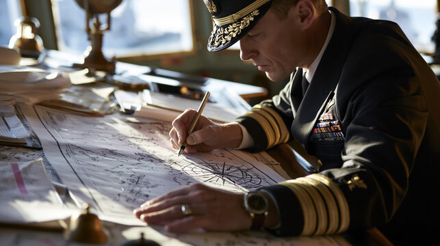 Maritime Officer Planning Navigation Strategy at Command Center - Professional Naval Teamwork with Maps and Instruments