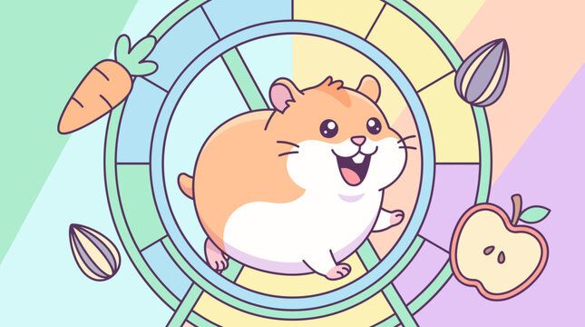 Playful Hamster on a Colorful Wheel, Fun Animation, Joyful Atmosphere, Cheerful Art